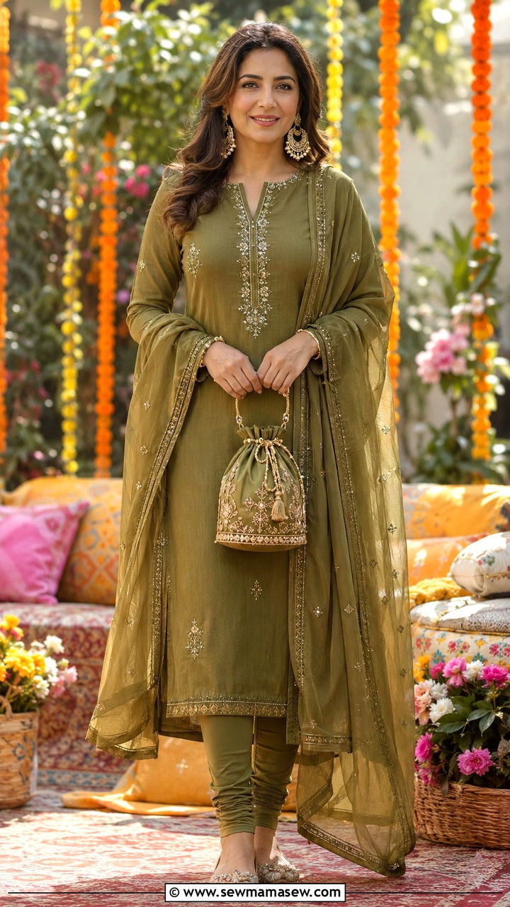Olive Green Straight Kurta With Churidar And Dupatta - 30 Mehndi outfit ideas