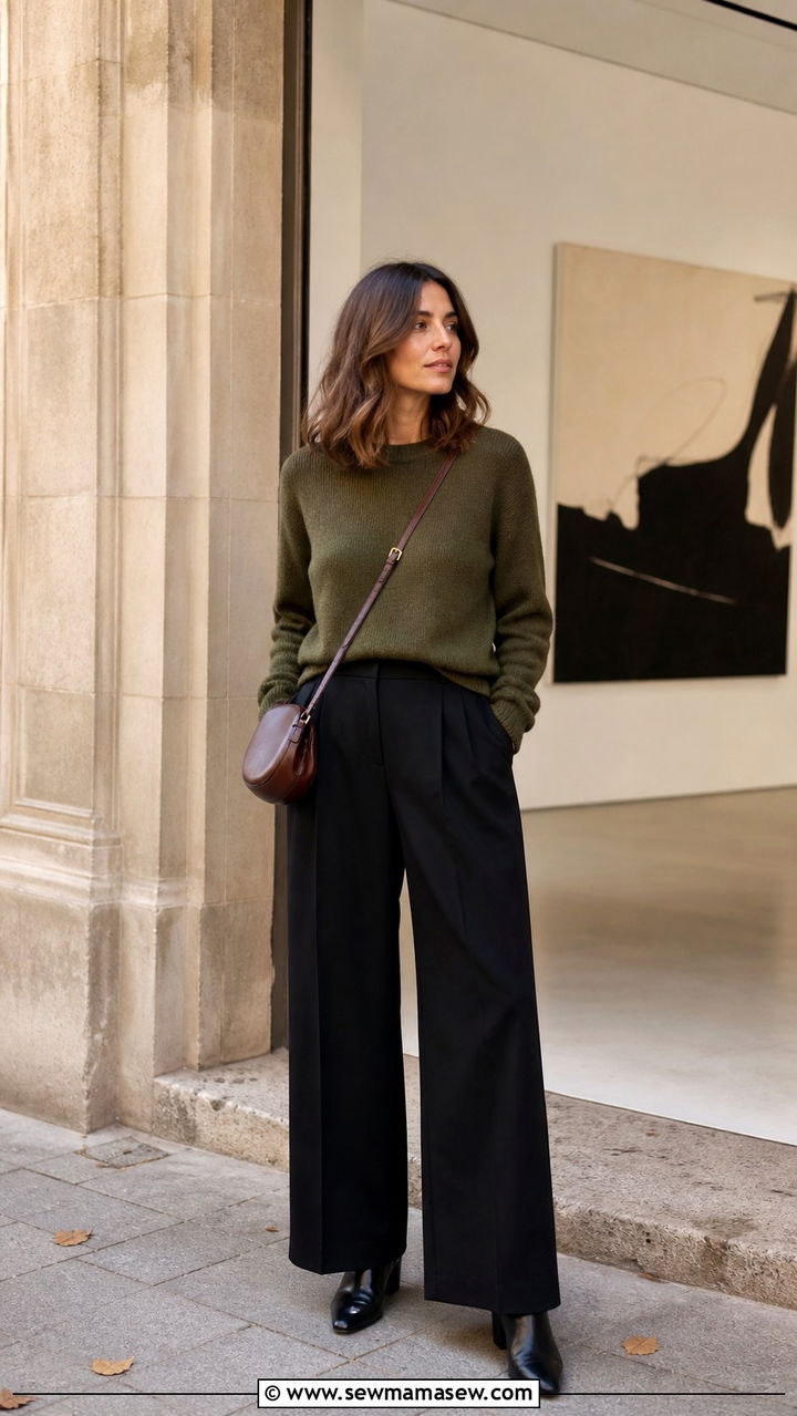 Olive Green Sweater With Black Wide Leg Pants - 40 What to wear in Barcelona