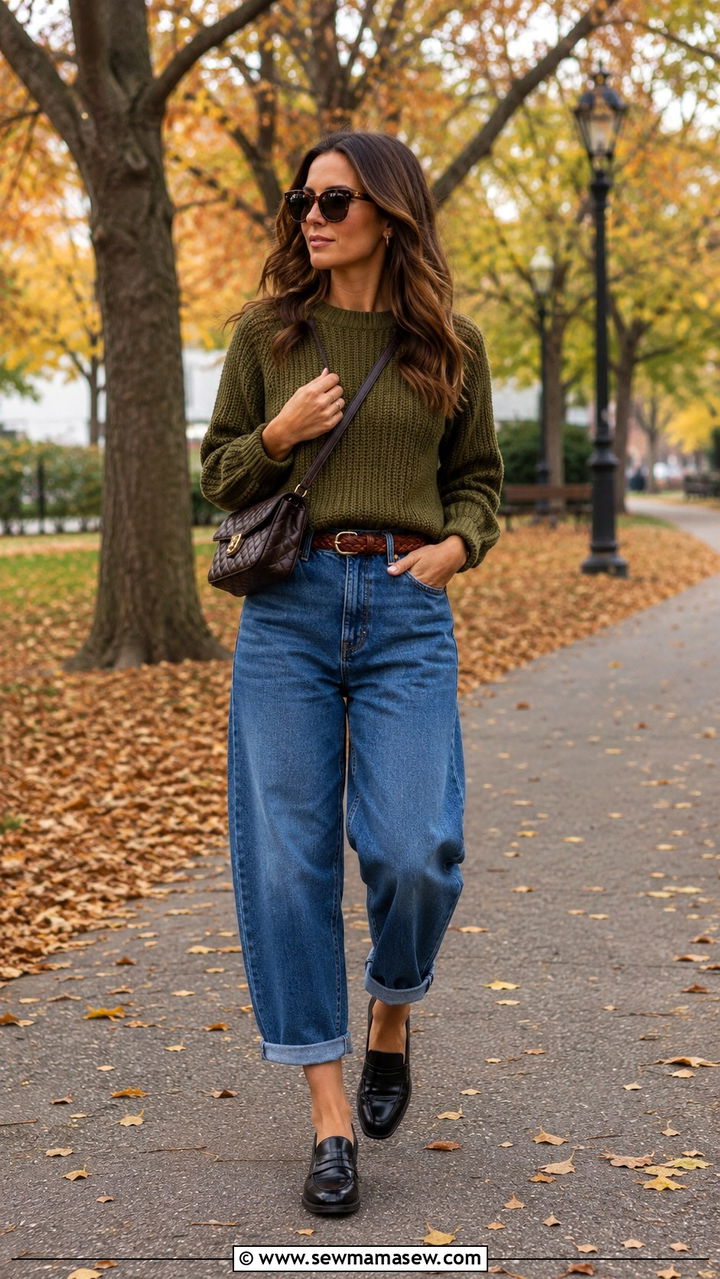 Olive Green Sweater With Cuffed Barrel Jeans And Black Loafers - 25 Barrel jeans outfit ideas with loafers