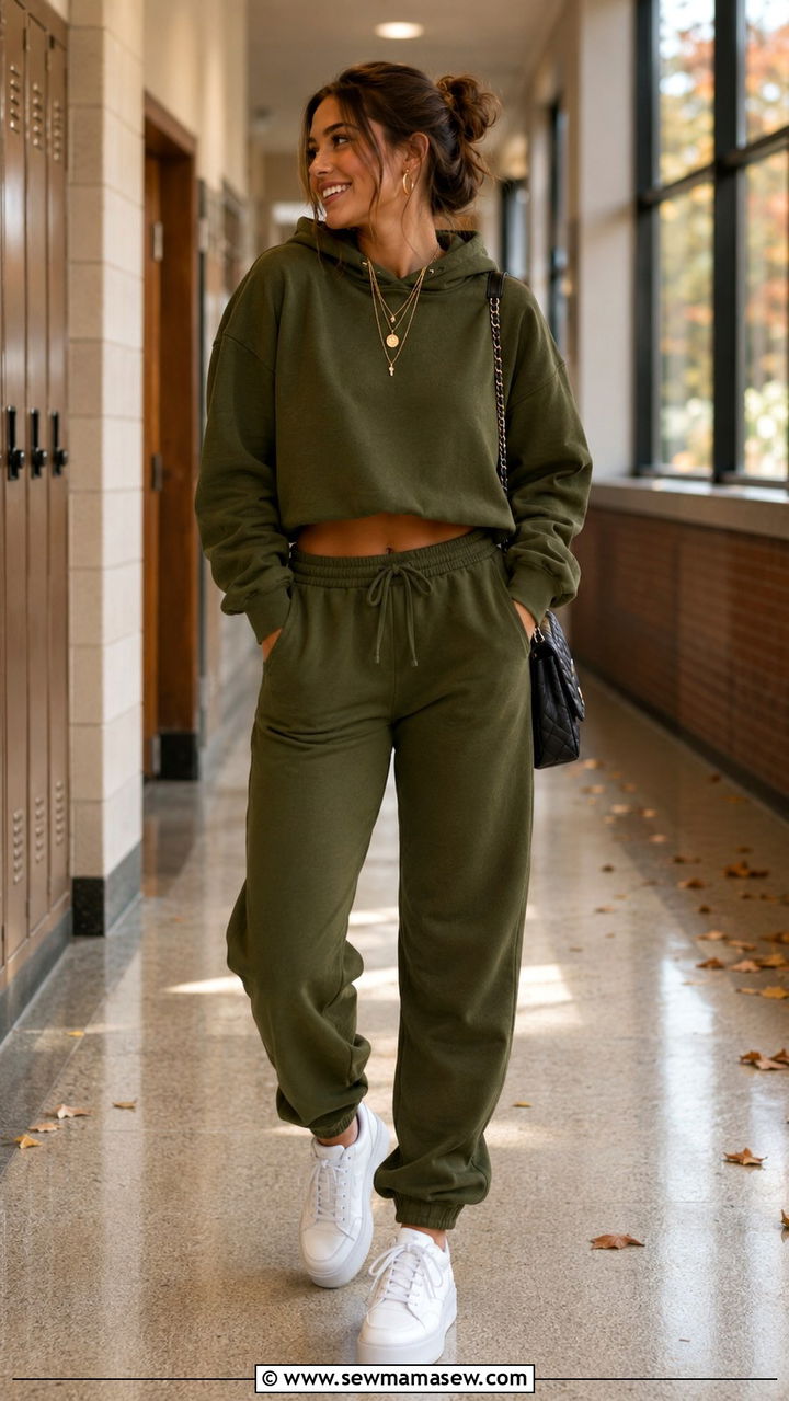Olive Green Sweatpants Set With Gold Accessories - 30 School outfit ideas with sweatpants