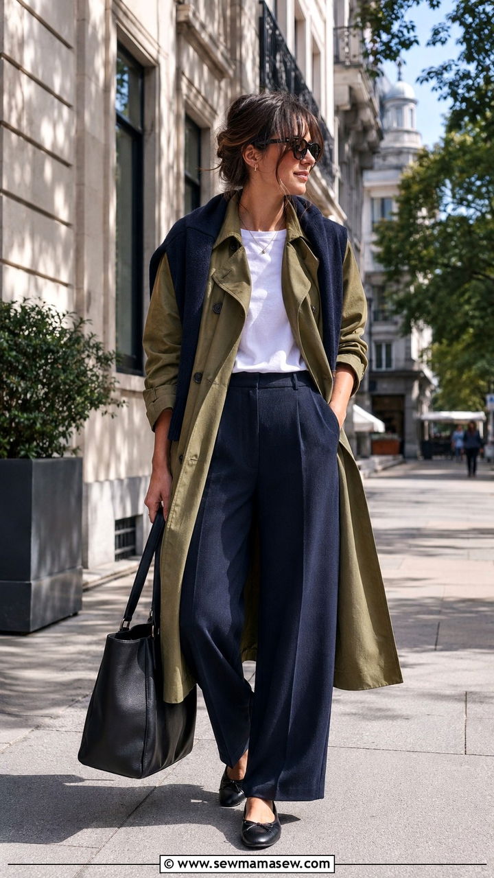 Olive Green Trench Coat With Navy Wide Leg Trousers - 30 Quiet luxury outfit ideas with trench coat