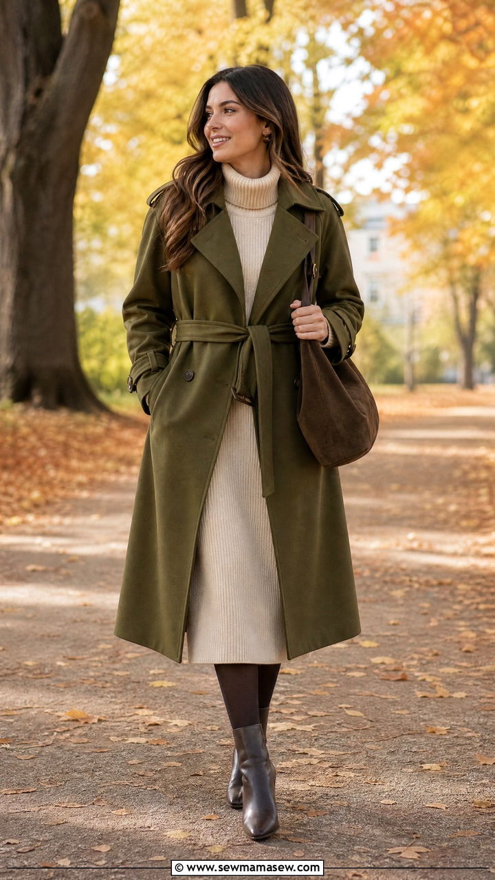 Olive Green Trench With A Sweater Dress And Ankle Boots - 35 How to style a trench coat