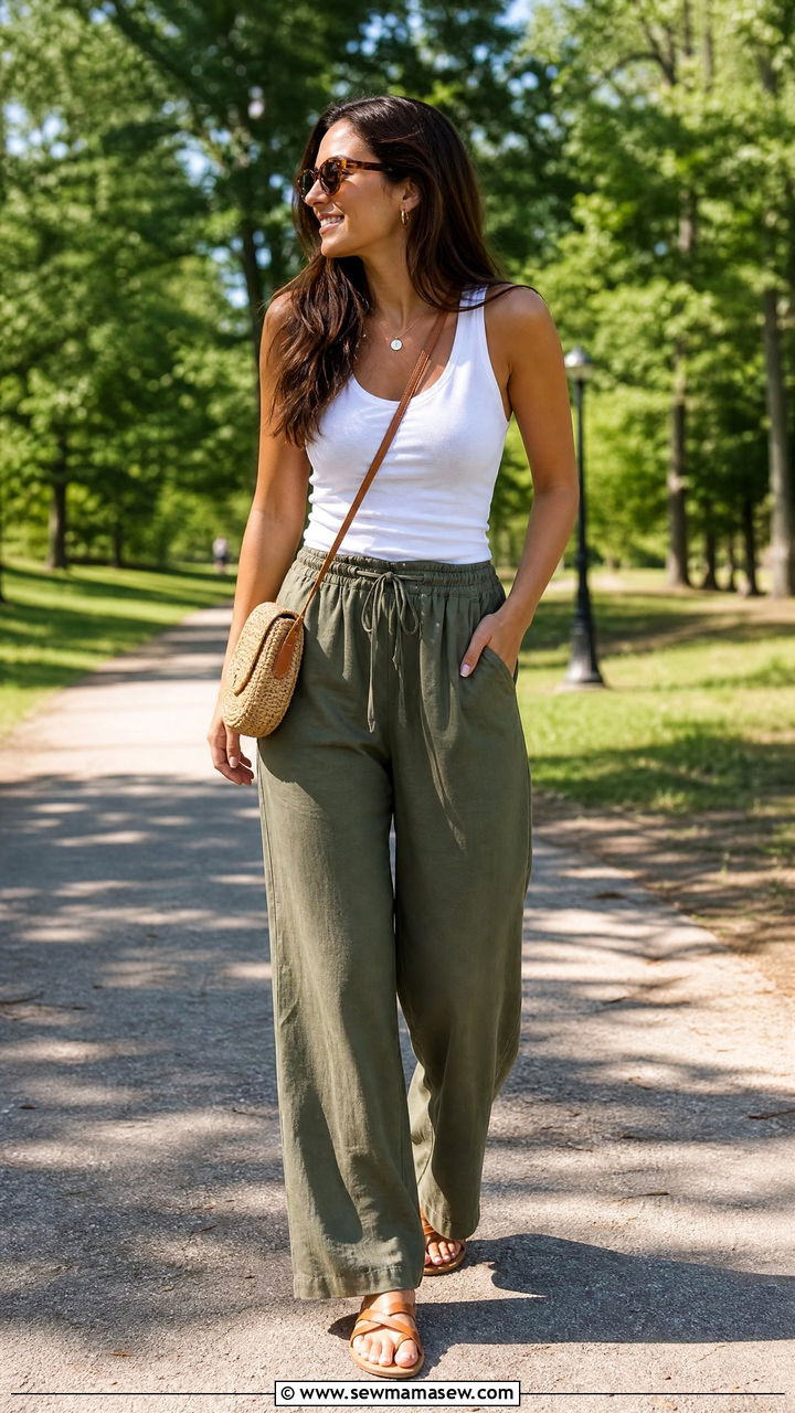 Olive Green Trousers White Tank Outfit - 30 Summer outfits with trousers