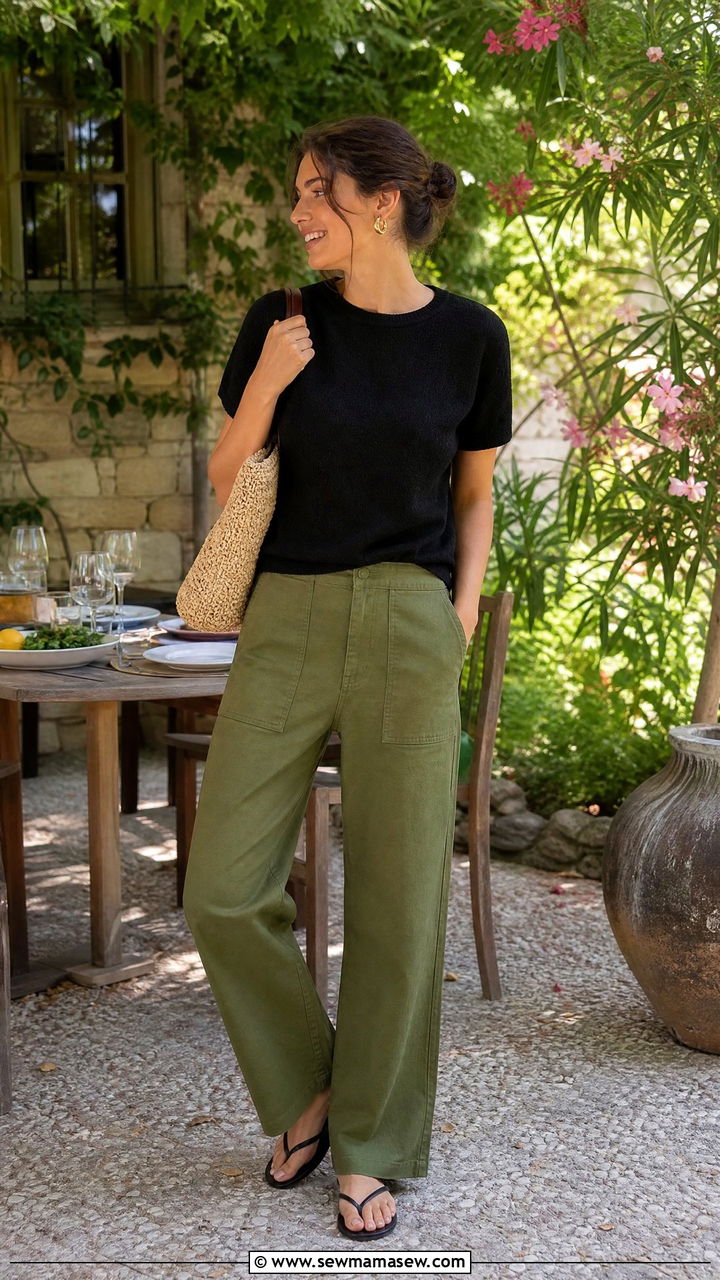 Olive Green Trousers With A Black Knit Top - 30 summer trousers outfit ideas