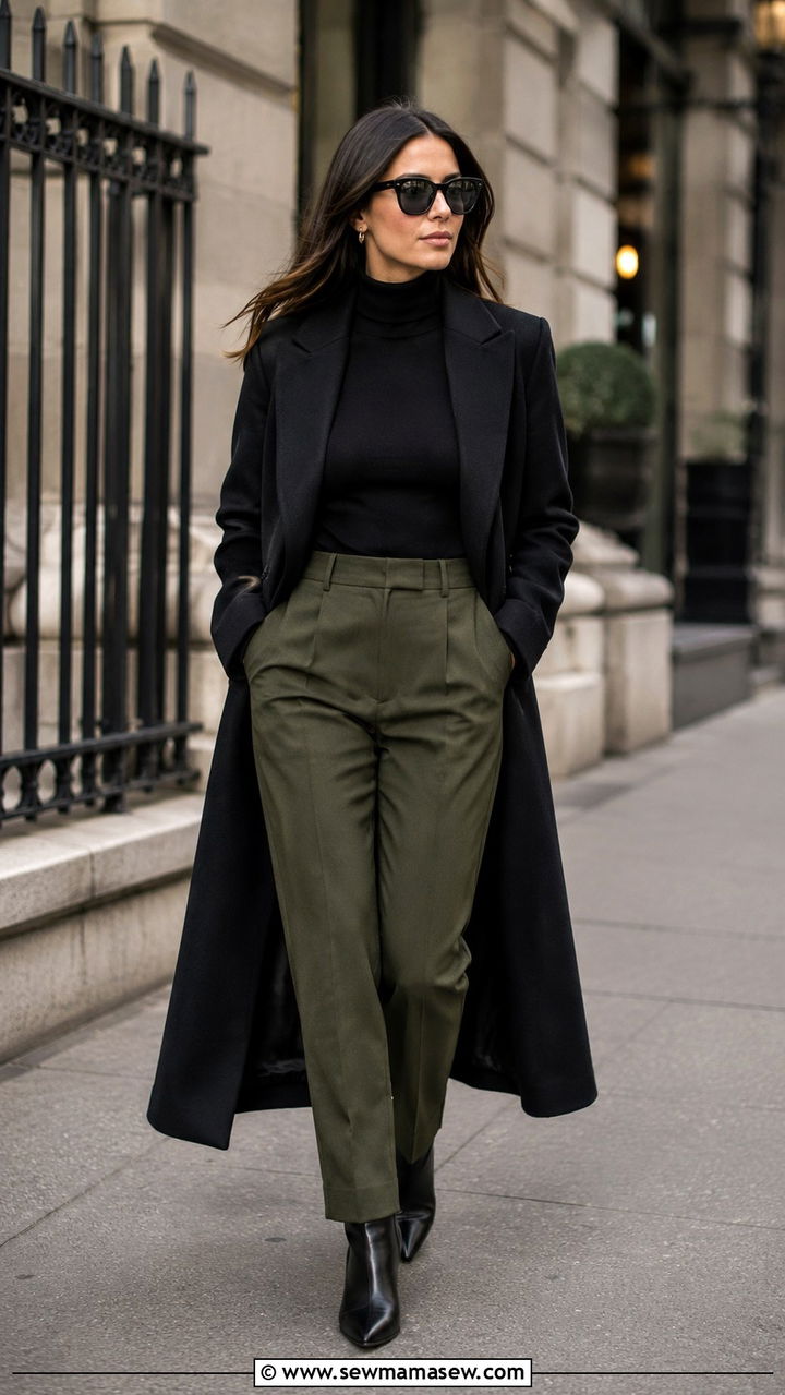 Olive Green Trousers With Black Turtleneck - 30 trousers outfit ideas for women