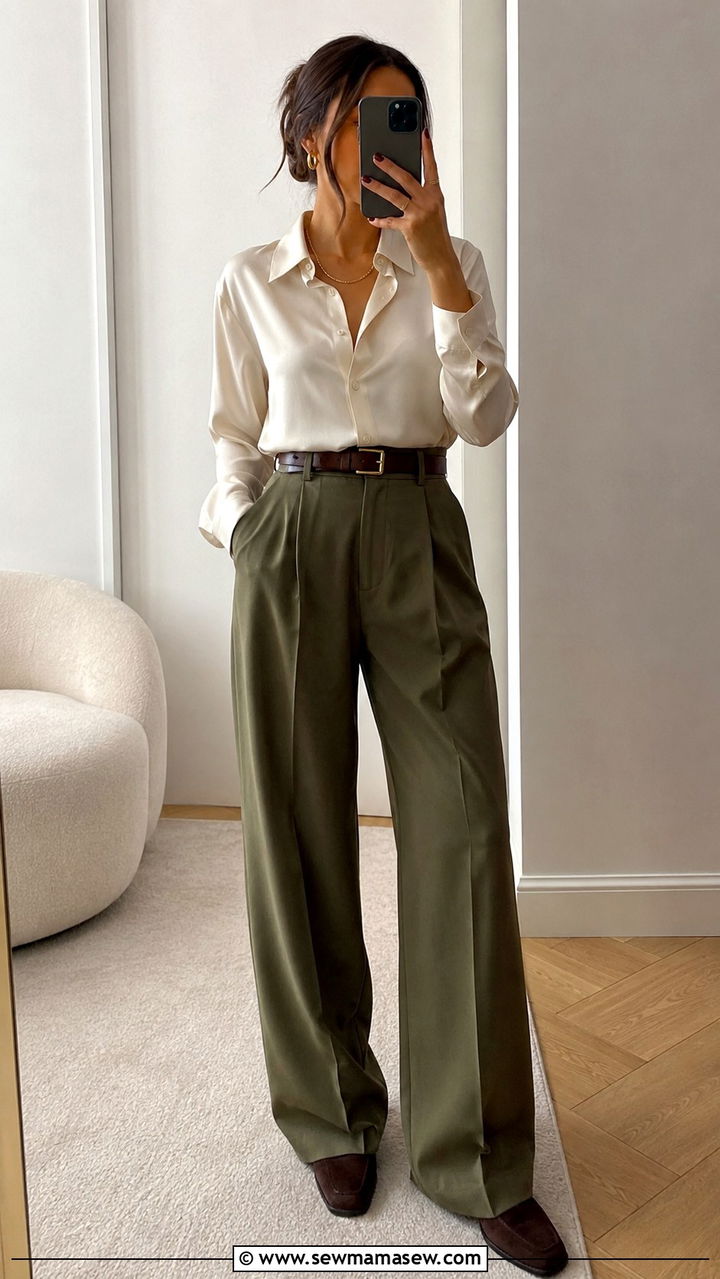 Olive Green Trousers with Cream Silk Blouse - 20 Quiet luxury outfit ideas Brunello Cucinelli style