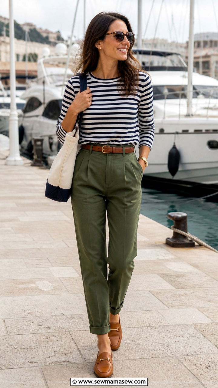 Olive Green Trousers with Striped Top - 40 Green outfit ideas