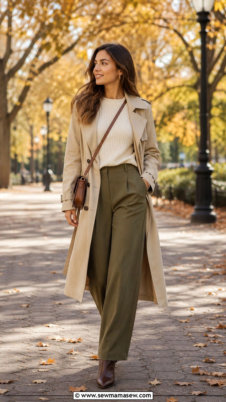 Olive Green Trousers with Trench Coat - 30 chic trousers outfit ideas