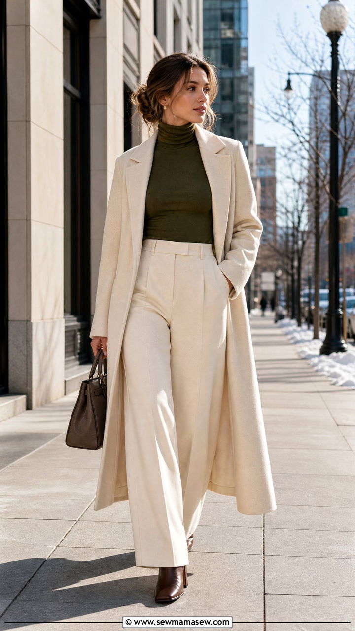 Olive Green Turtleneck with Cream Wide Leg Trousers - 25 Green and cream outfit ideas