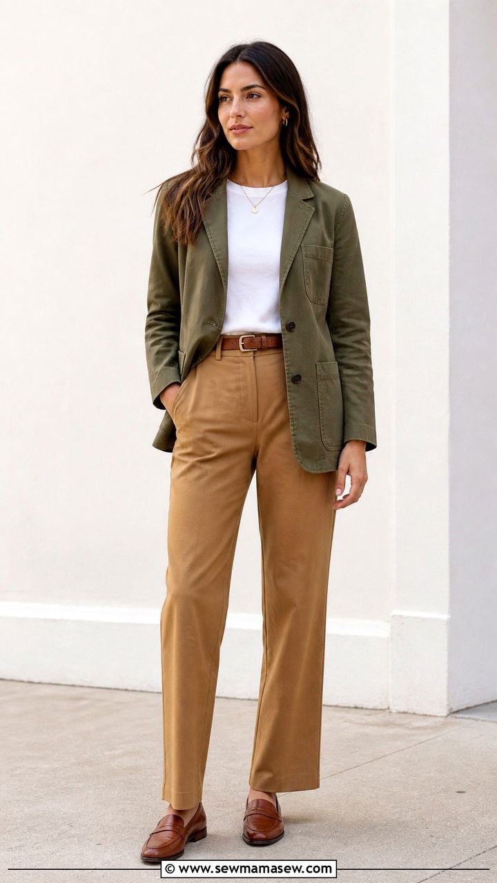 Olive Green Utility Blazer with Camel Trousers - 40 business casual outfits for women