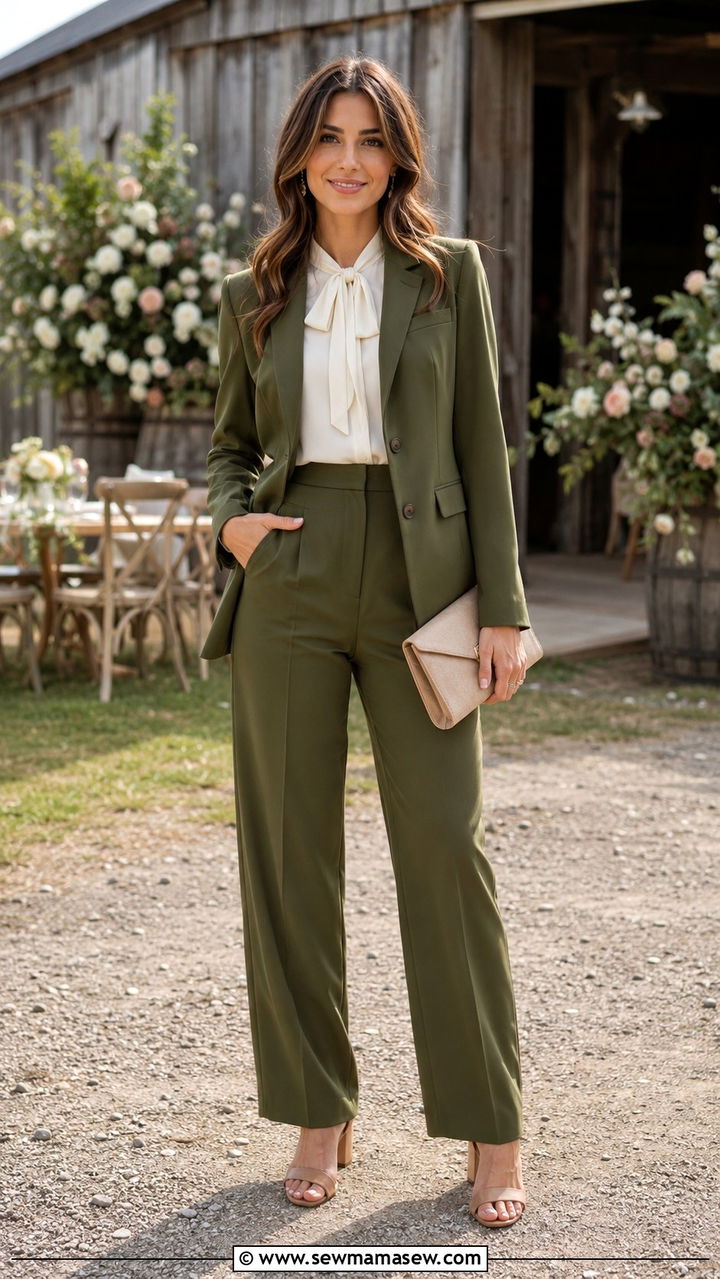 Olive Green Utility Chic Pantsuit With Block Heels - 25 Wedding guest pantsuit outfit ideas