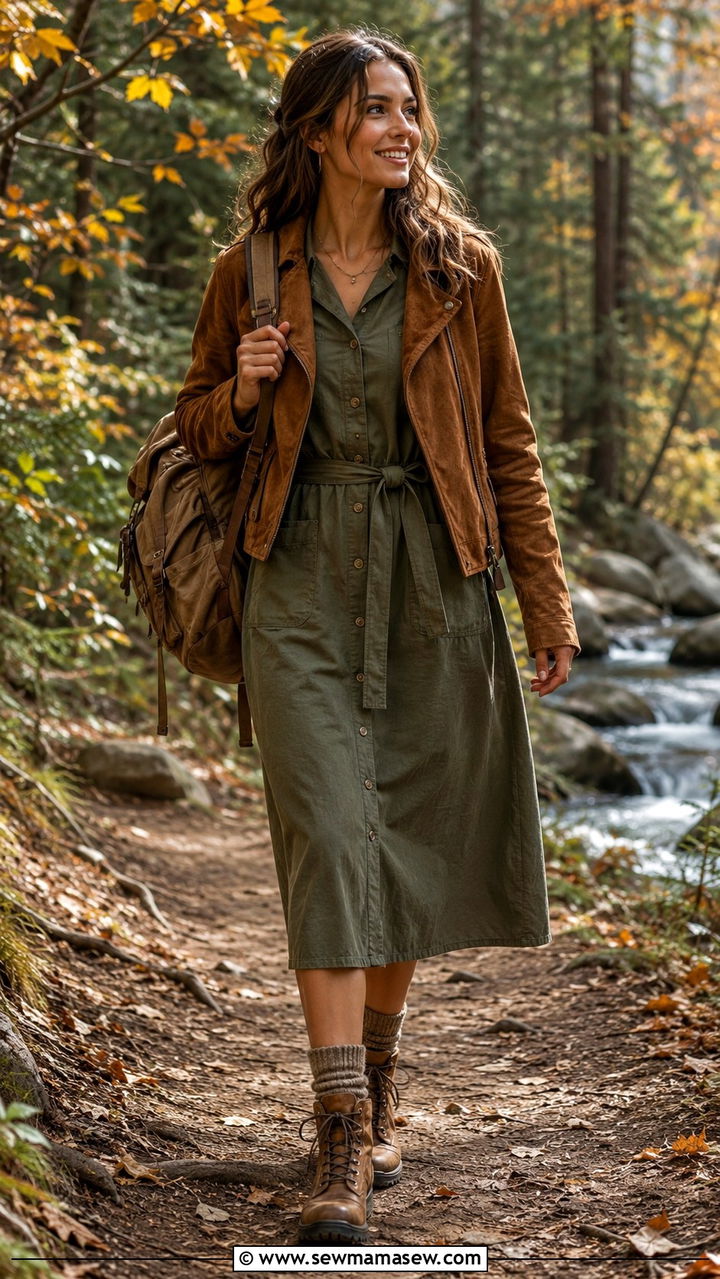 Olive Green Utility Dress with Suede Jacket and Hiking Boots - 30 Transitional dress outfit ideas