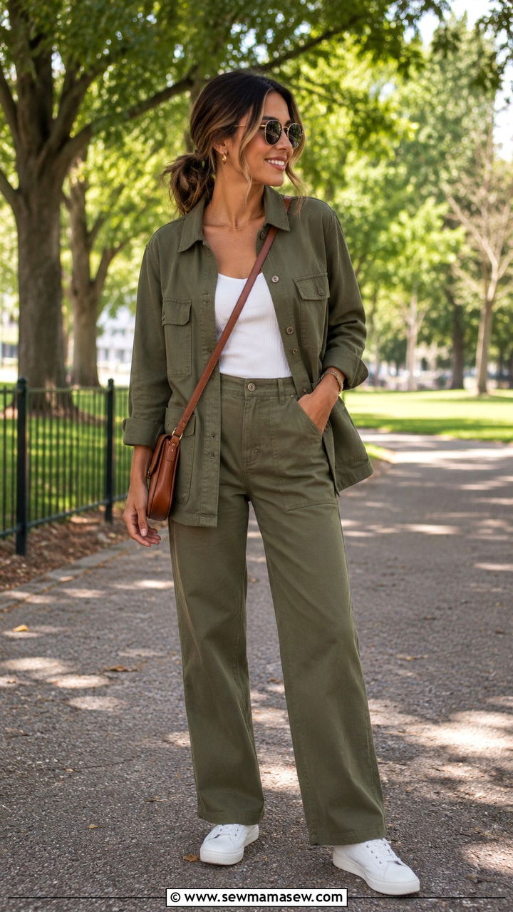 Olive Green Utility Jacket And Matching Trousers - 30 Minimalist spring capsule wardrobe