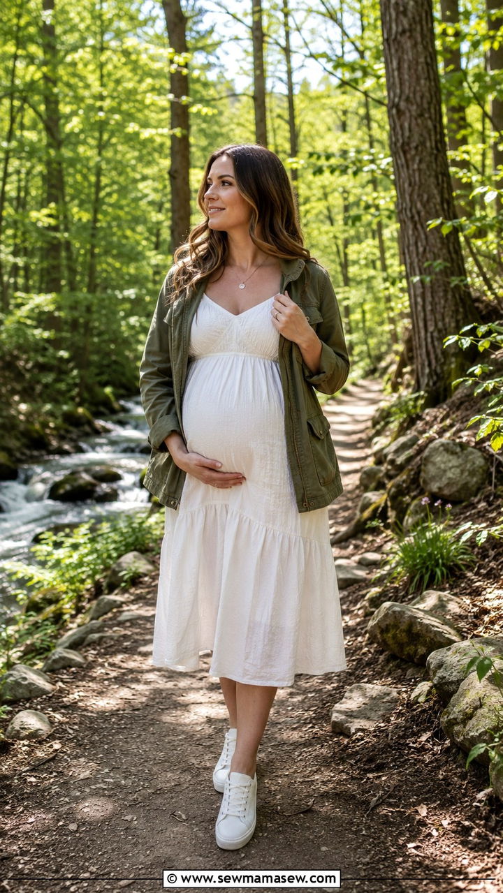 Olive Green Utility Jacket Over White Dress With Sneakers - 30 Spring maternity photo outfits
