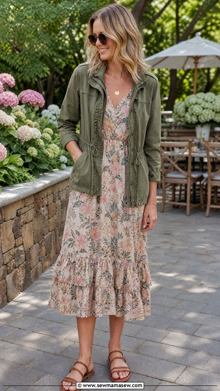 Olive Green Utility Jacket With Floral Midi Dress - 30 Summer outfits with utility jacket