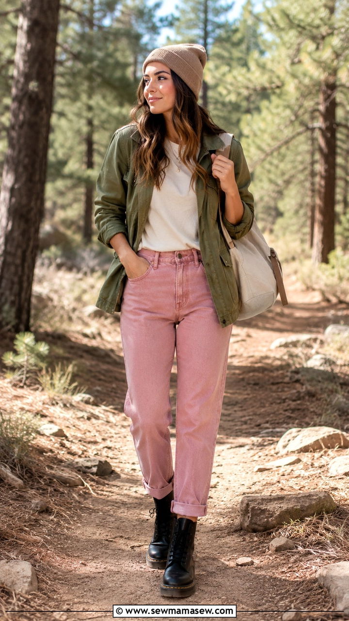 Olive Green Utility Jacket With Pink Jeans and Combat Boots - 30 Pink jeans outfit ideas