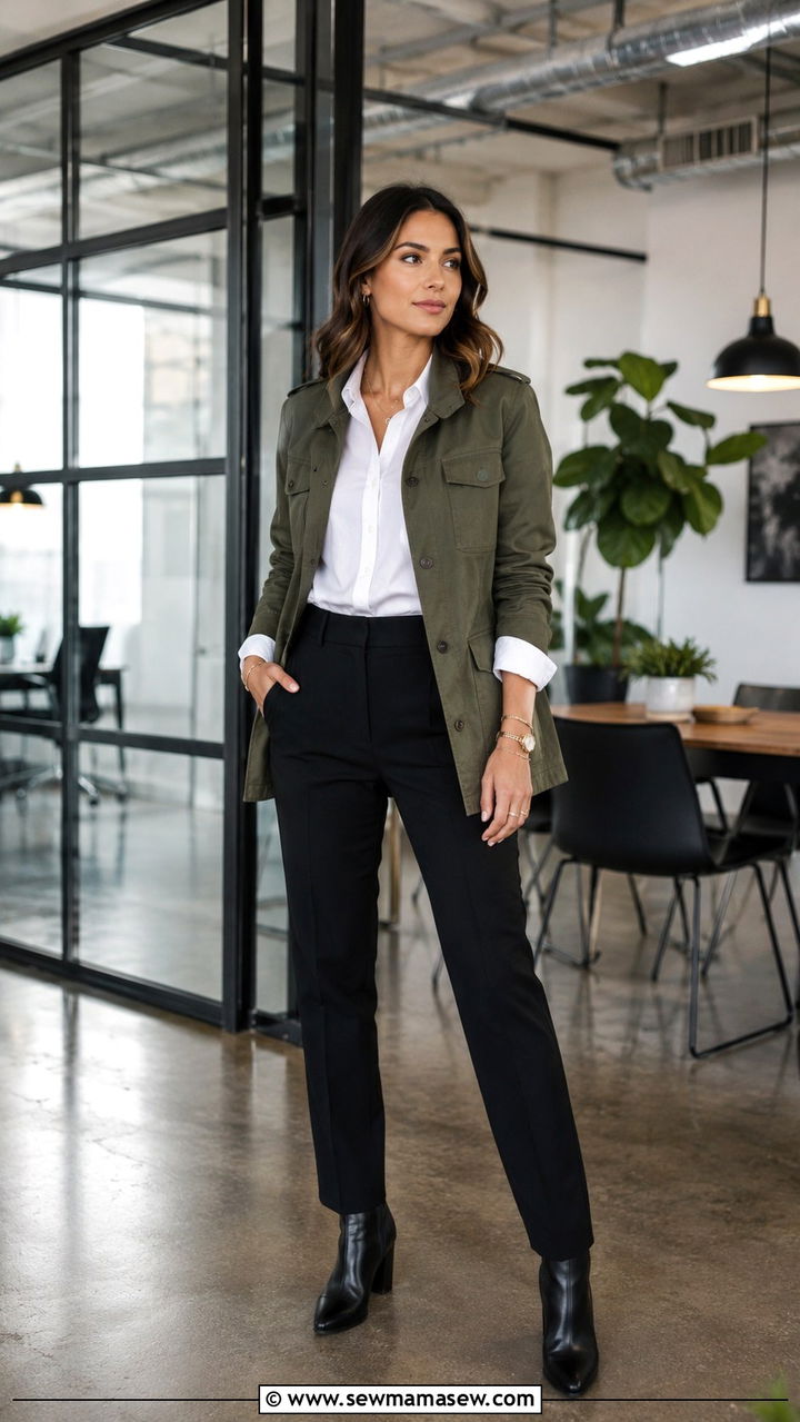 Olive Green Utility Jacket With White Button Down And Black Slacks - 25 Virtual interview outfit ideas