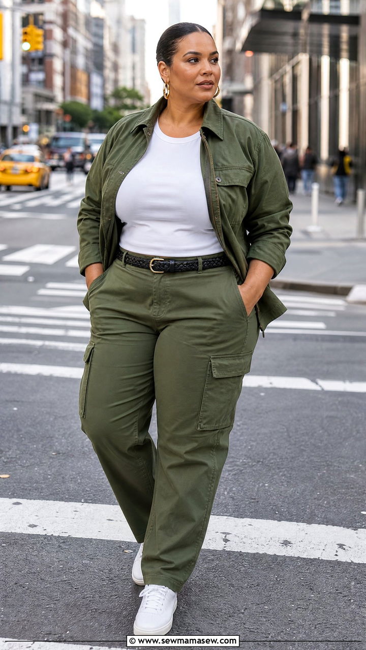 Olive Green Utility Jacket and Cargo Pants Look - 30 Clean girl outfits plus size