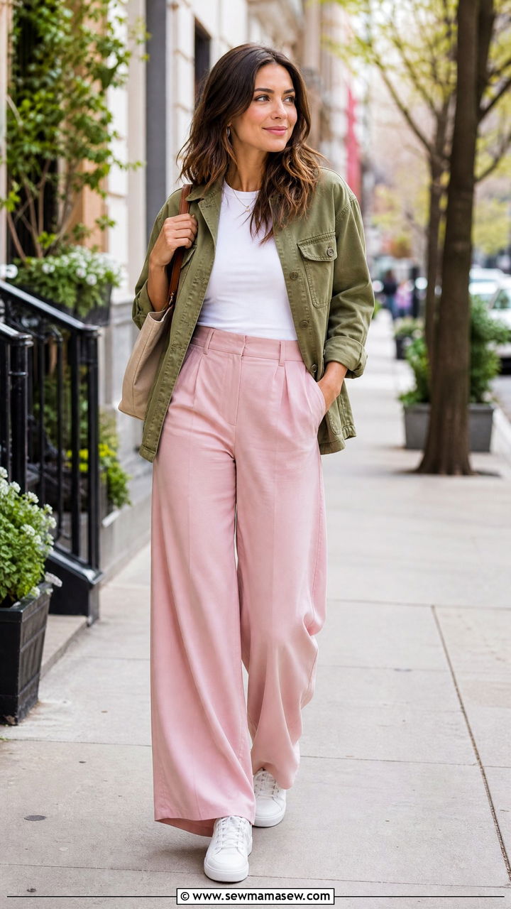 Olive Green Utility Jacket and Pink Wide Leg Trousers - 25 Green and pink outfit ideas