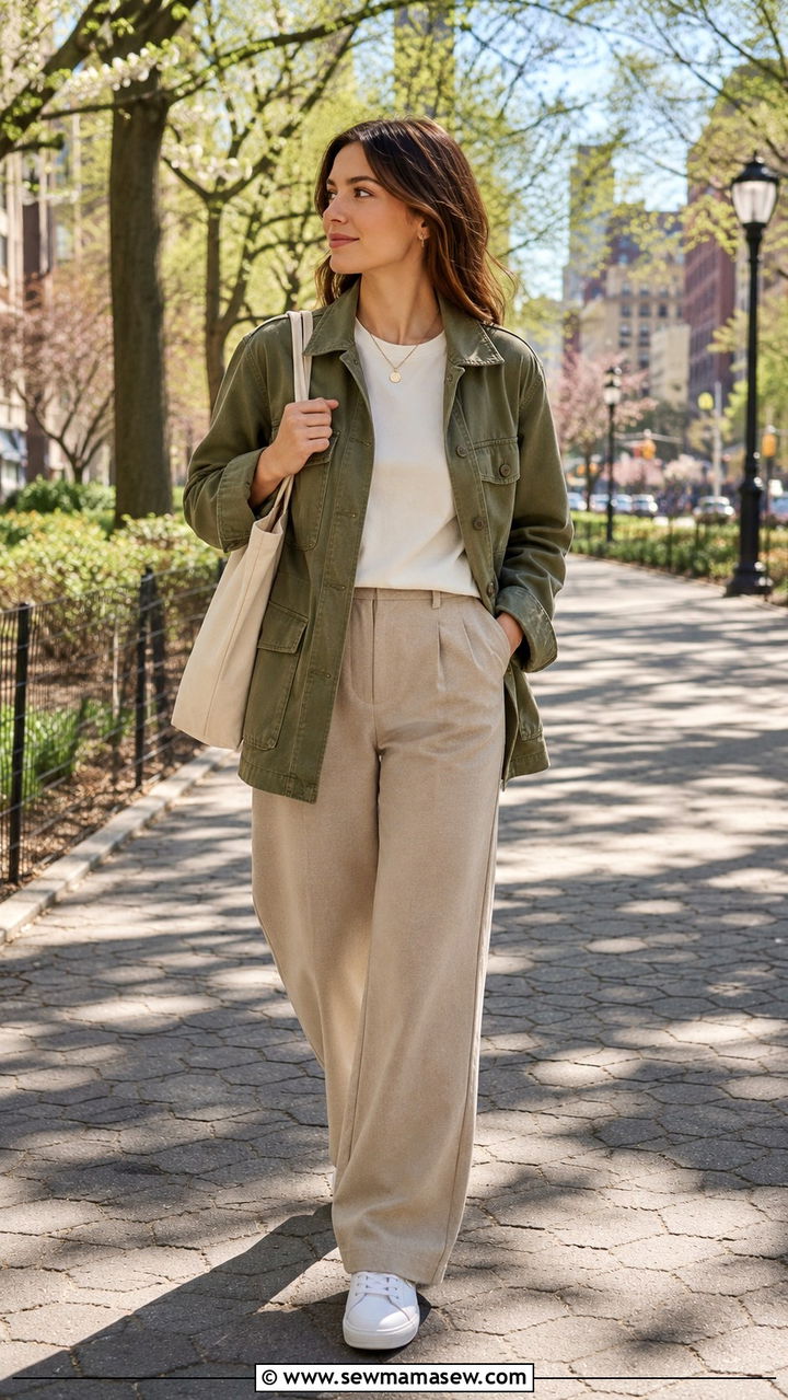 Olive Green Utility Jacket with Cream Tee and Beige Trousers - 30 quiet luxury outfits aesthetic