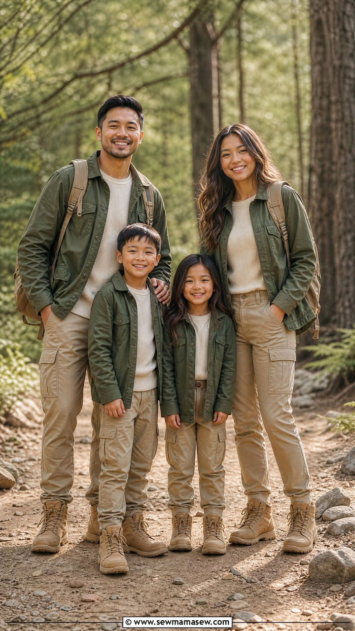 Olive Green Utility Jackets and Neutral Layers for Outdoor Adventure - 30 Family photoshoot outfit ideas