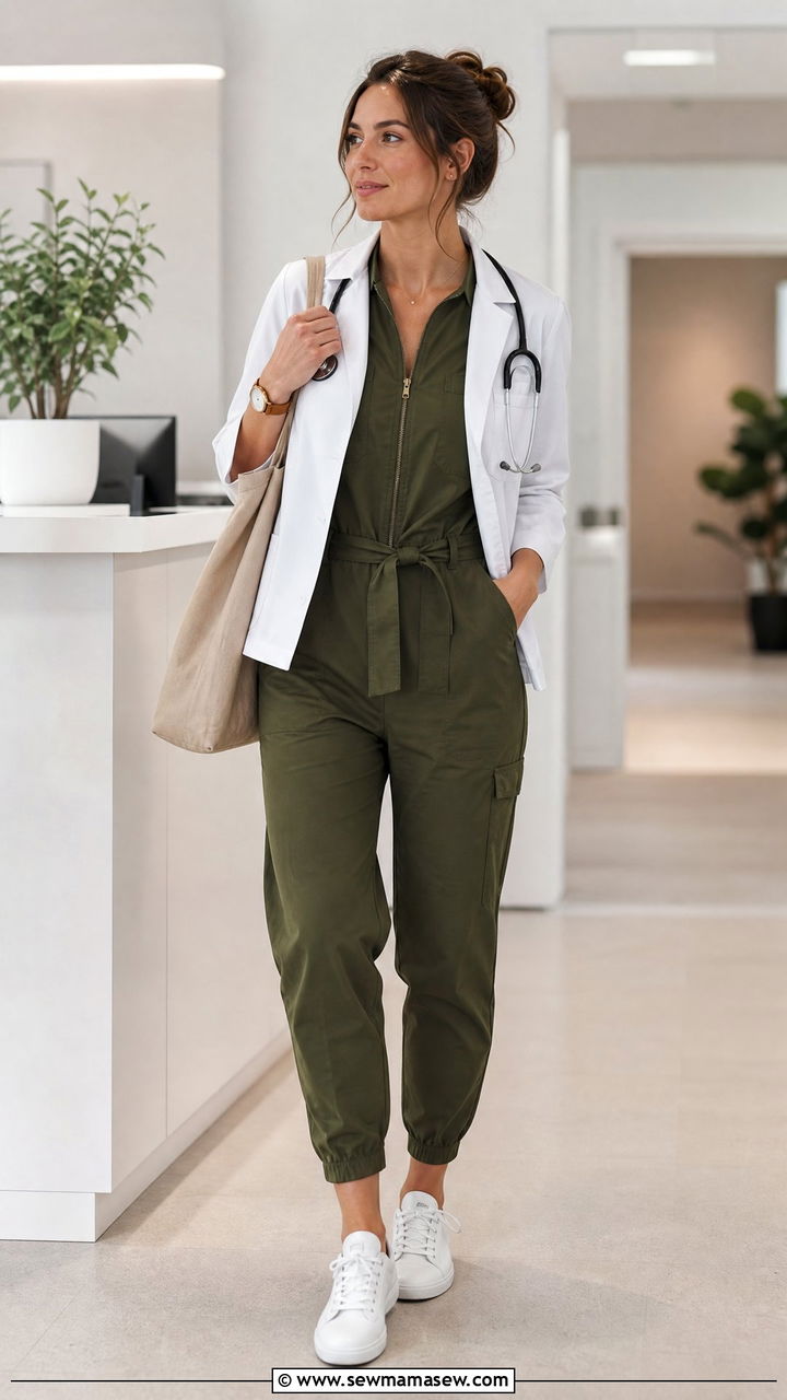 Olive Green Utility Jumpsuit Doctor Outfit - 25 Female doctor outfit ideas