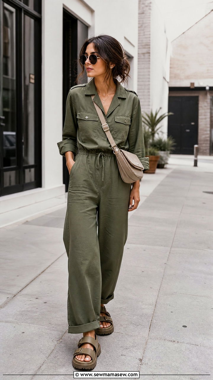 Olive Green Utility Jumpsuit Outfit - 30 summer monochrome outfit ideas