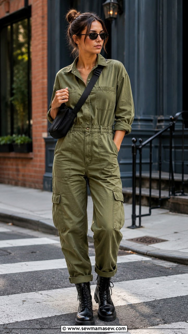 Olive Green Utility Jumpsuit With Combat Boots - 30 Utility jumpsuit outfit ideas