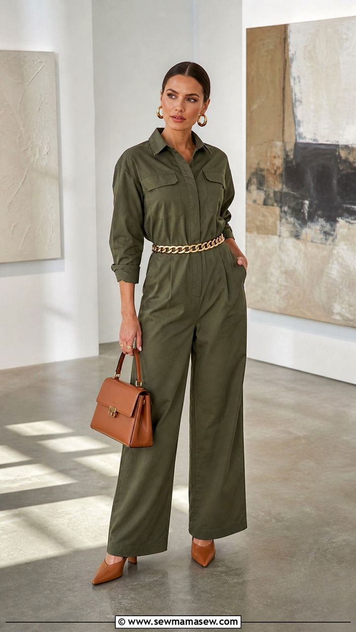 Olive Green Utility Jumpsuit With Gold Accents - 40 glamoratti outfits ideas