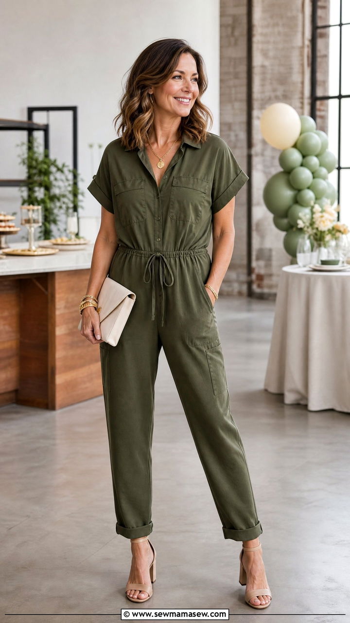Olive Green Utility Jumpsuit With Gold Jewelry - 25 baby shower outfits for women over 40