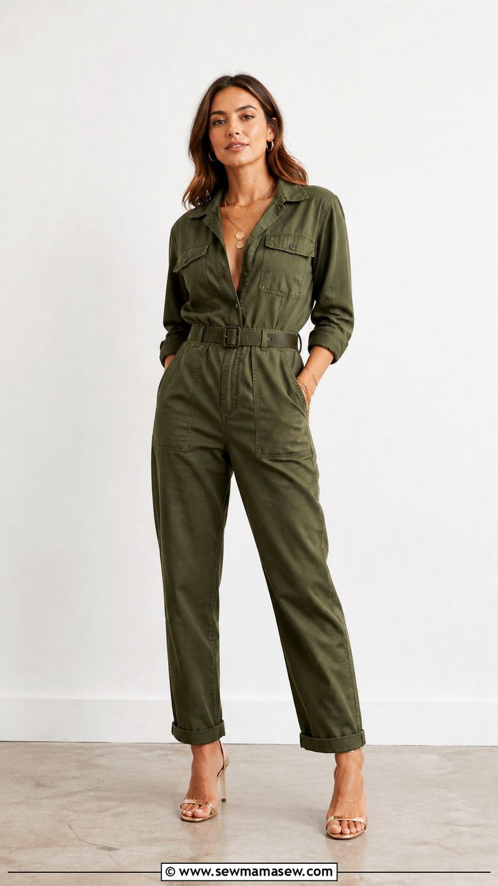 Olive Green Utility Jumpsuit with Gold Jewelry - 40 Boss lady outfit ideas