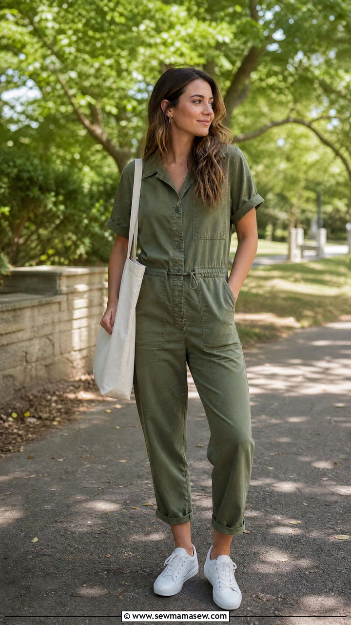 Olive Green Utility Jumpsuit with White Sneakers - 40 Spring graduation outfits