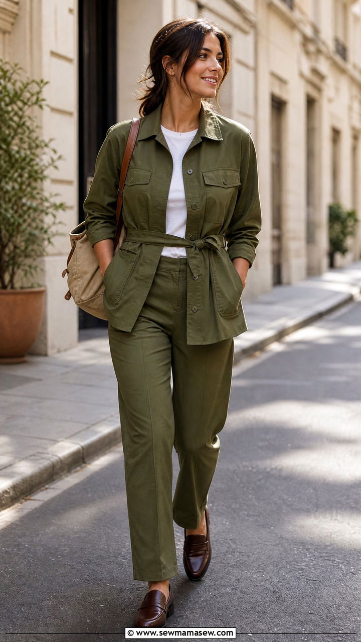 Olive Green Utility Matching Set with Loafers - 30 Matching set outfit ideas for work