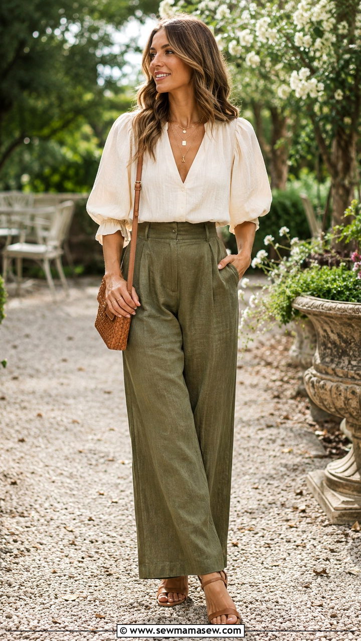 Olive Green Wide Leg Linen Pants With Tan Heels - 25 Wide leg linen pants outfit ideas with heels