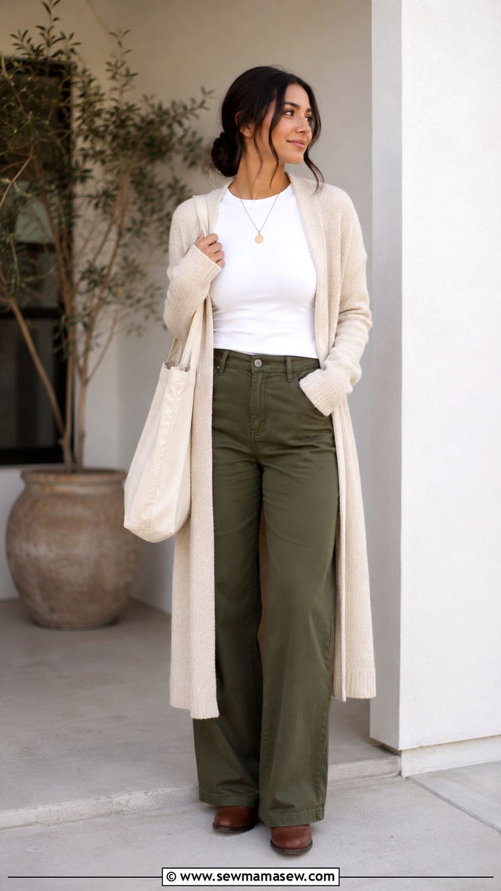 Olive Green Wide Leg Pants With Longline Cardigan - 30 Modest outfit ideas with wide leg pants