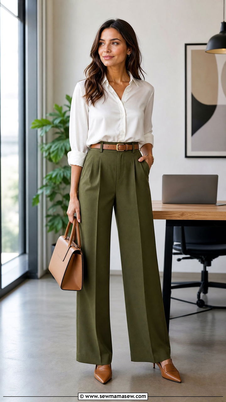 Olive Green Wide Leg Pants With White Blouse - 35 Modern business casual outfits