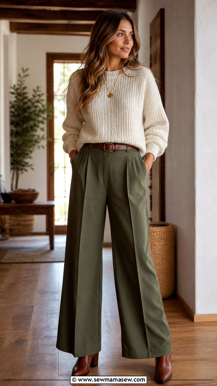 Olive Green Wide Leg Pants with Cream Sweater - 40 Green outfit ideas