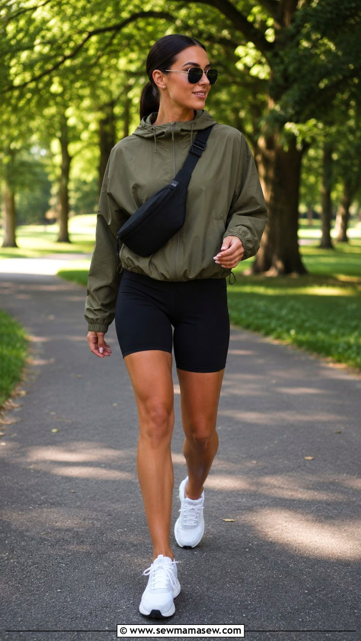Olive Green Windbreaker Outfit With Black Biker Shorts - 30 cute windbreaker outfits