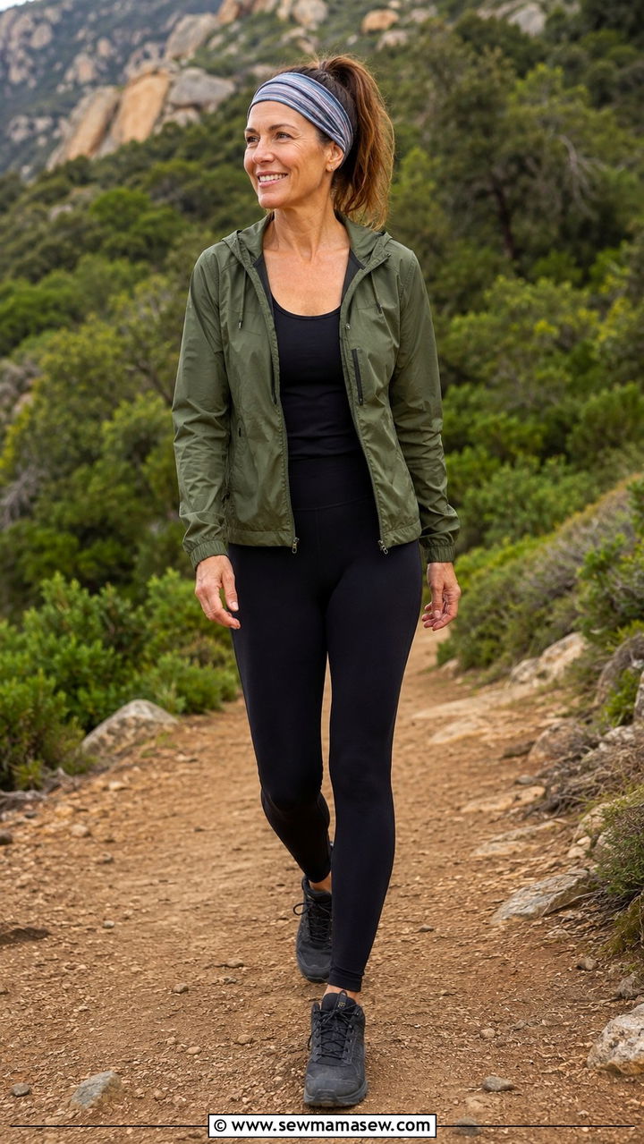 Olive Green Windbreaker With Black Leggings Outfit - 30 Outfit ideas for women over 40 athleisure