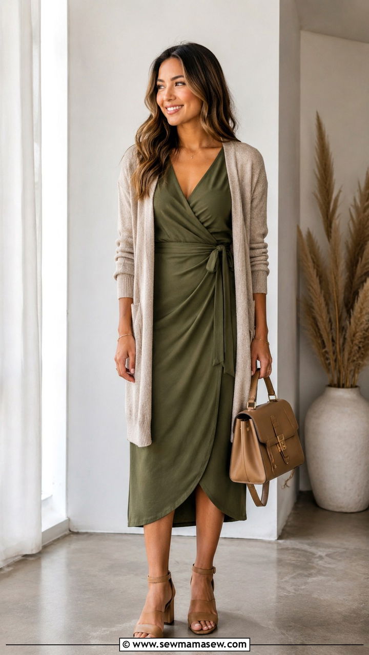 Olive Green Wrap Dress With Beige Cardigan - 25 Wrap dress outfit ideas with a cardigan