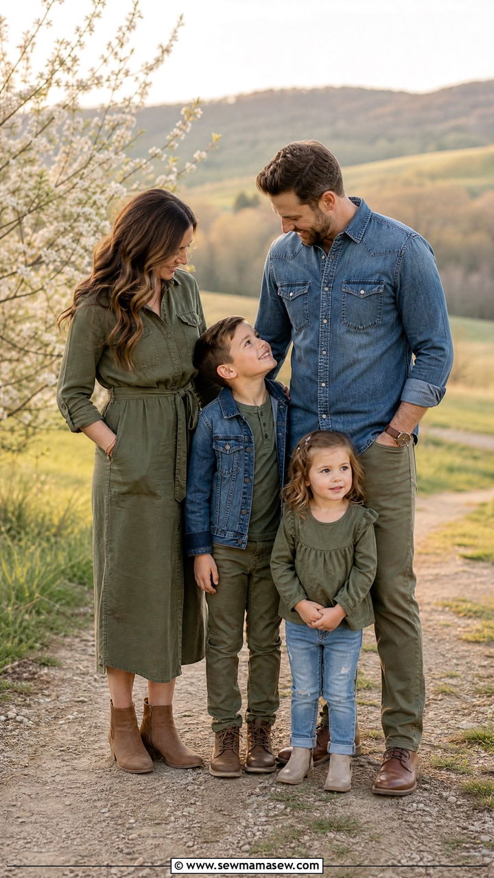 Olive Green and Denim Family Outfits - 25 Family spring photo outfit ideas