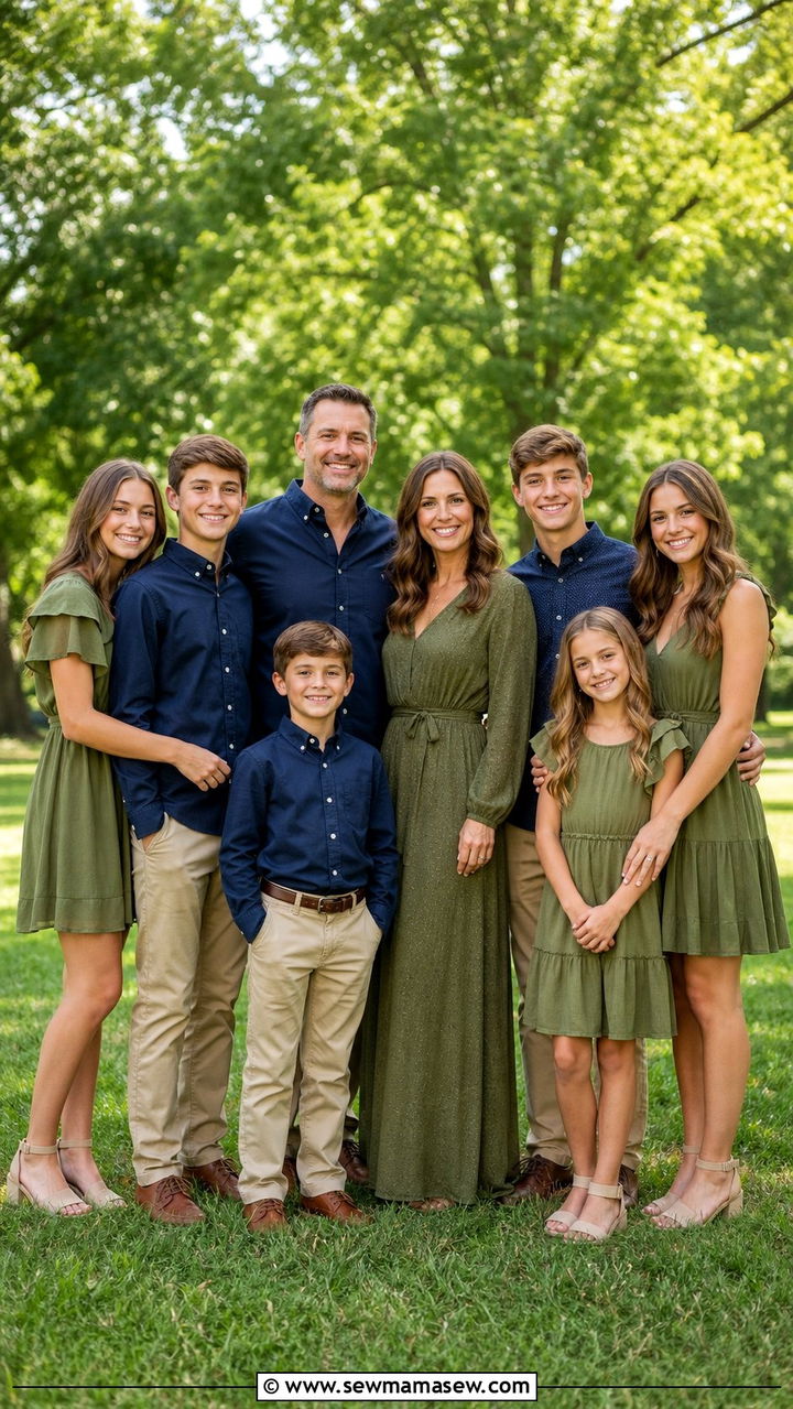 Olive Green and Navy Year Round Outdoor Outfit - 25 Family photo outfits for large families