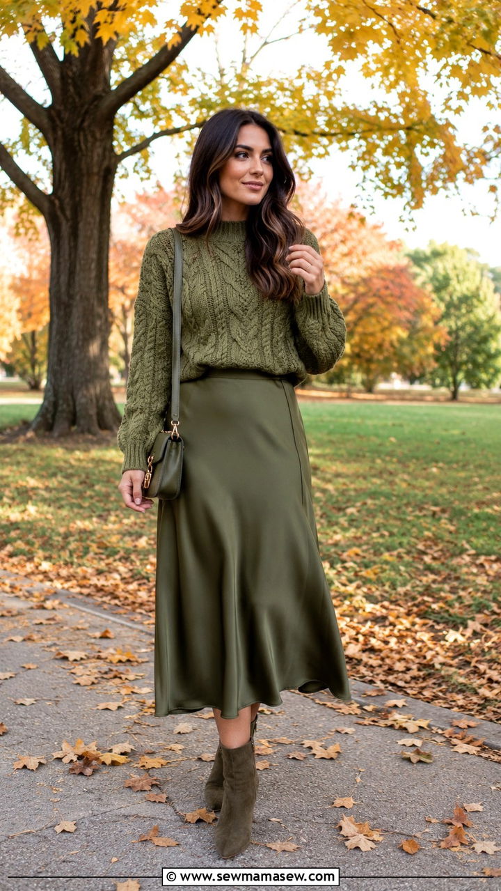 Olive Knit Sweater And Midi Skirt - 30 Monochromatic olive outfits