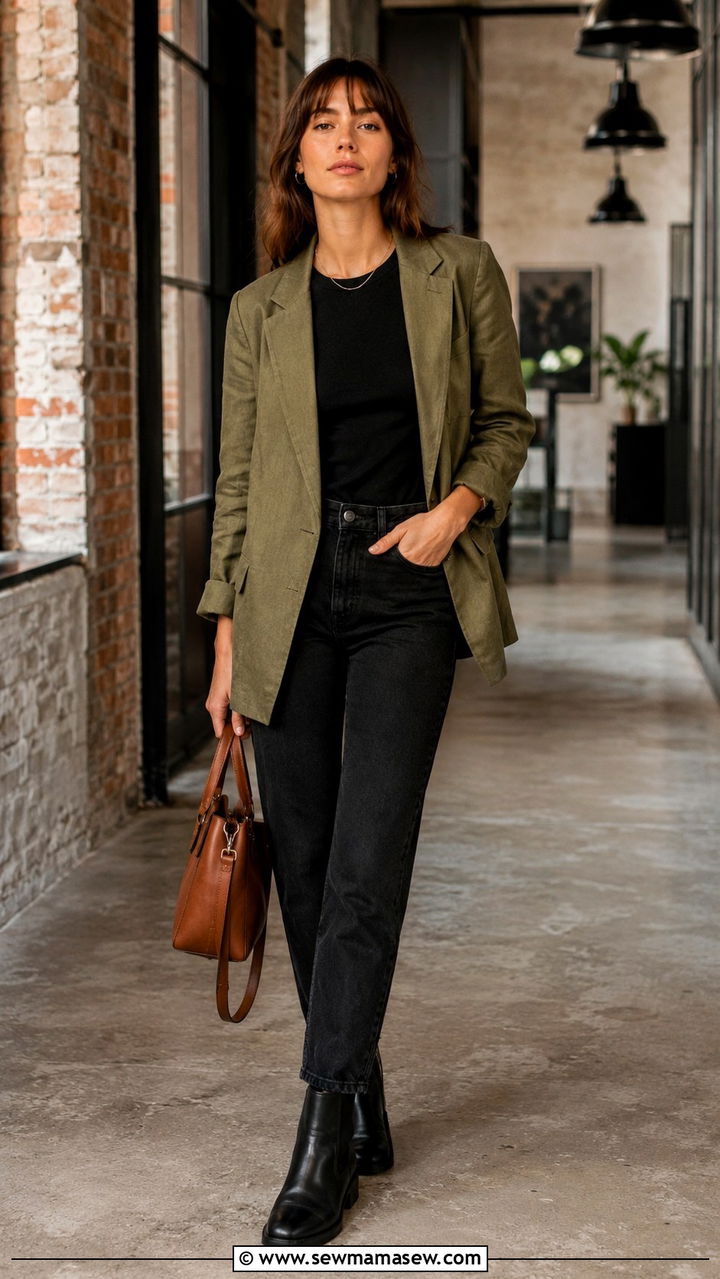 Olive Linen Blazer With Black Tee And Jeans - 30 Linen blazer outfit ideas with jeans