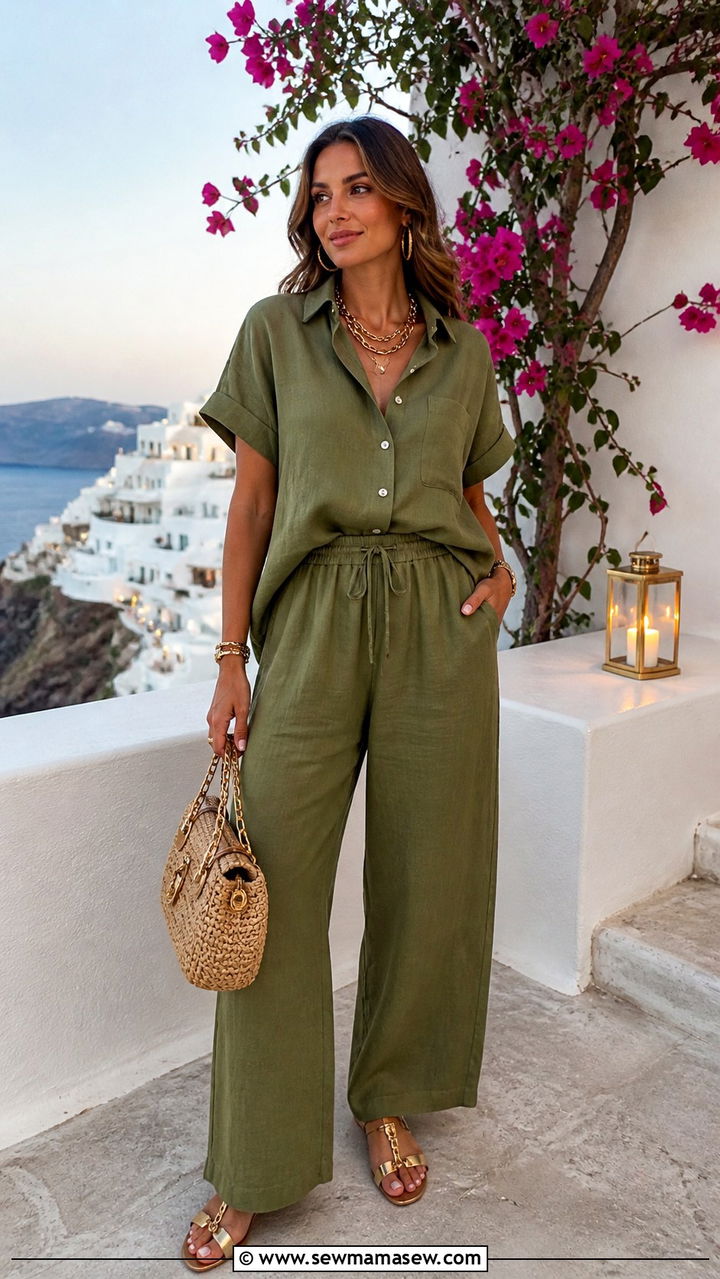 Olive Linen Co Ord Set With Gold Jewelry - 40 Summer Greece outfit ideas