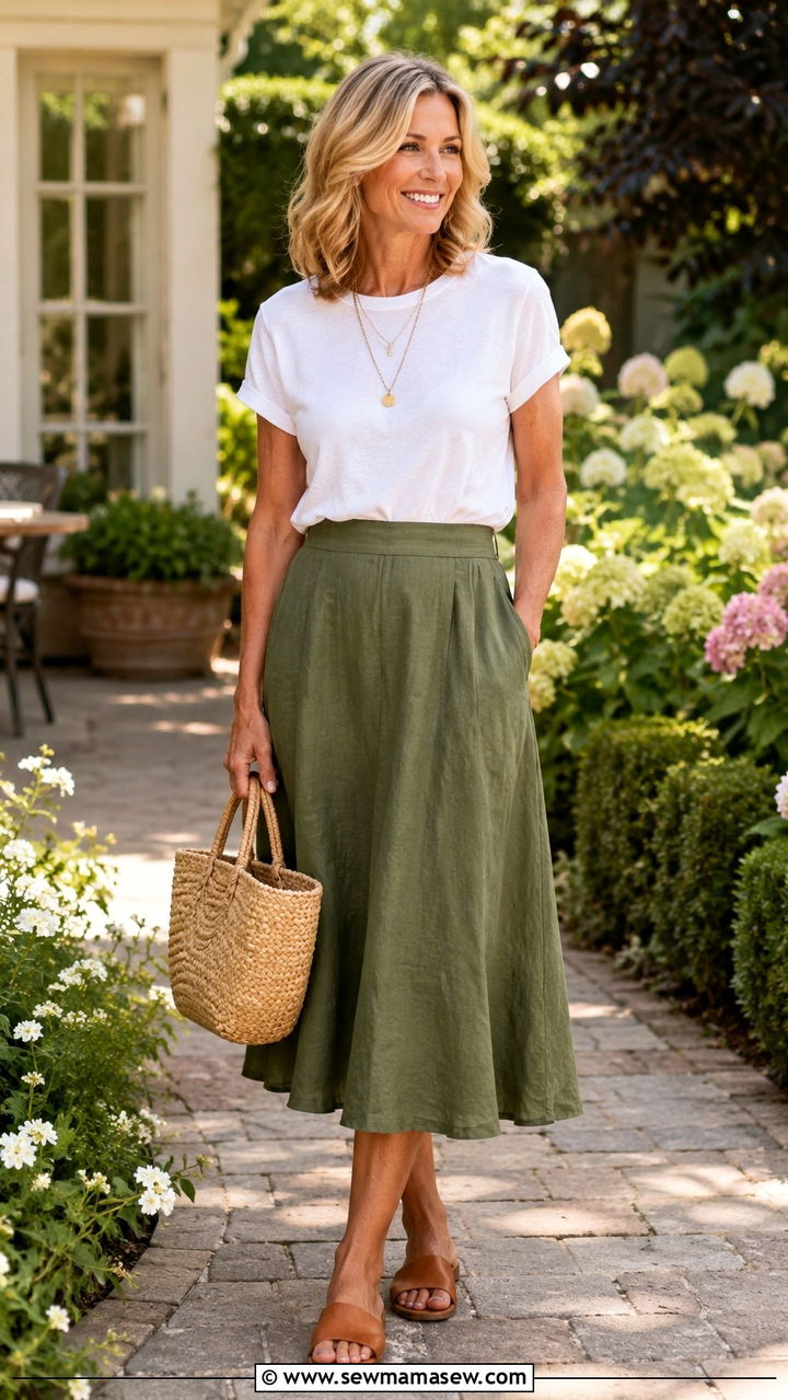 Olive Linen Midi Skirt With a White Cotton Top - 25 Outfit ideas for women over 50 casual 2026