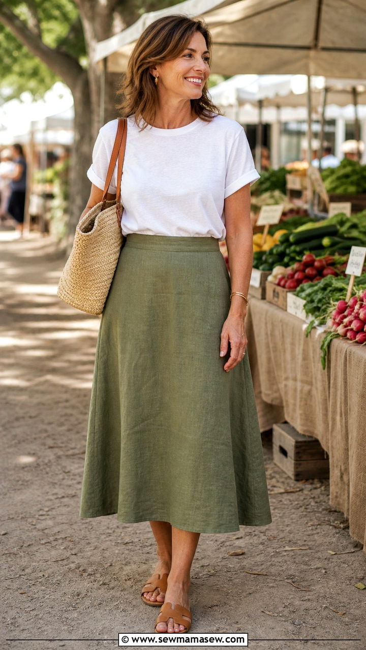 Olive Linen Midi Skirt and White Organic Cotton Top - 40 Summer outfit ideas for women over 50 2026
