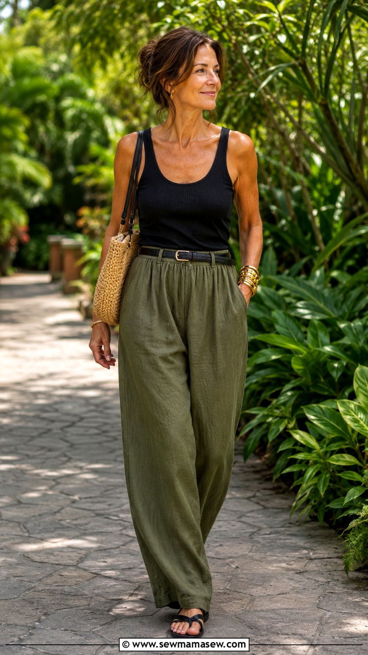 Olive Linen Pants Casual Outfit - 30 linen pants outfits for women over 40