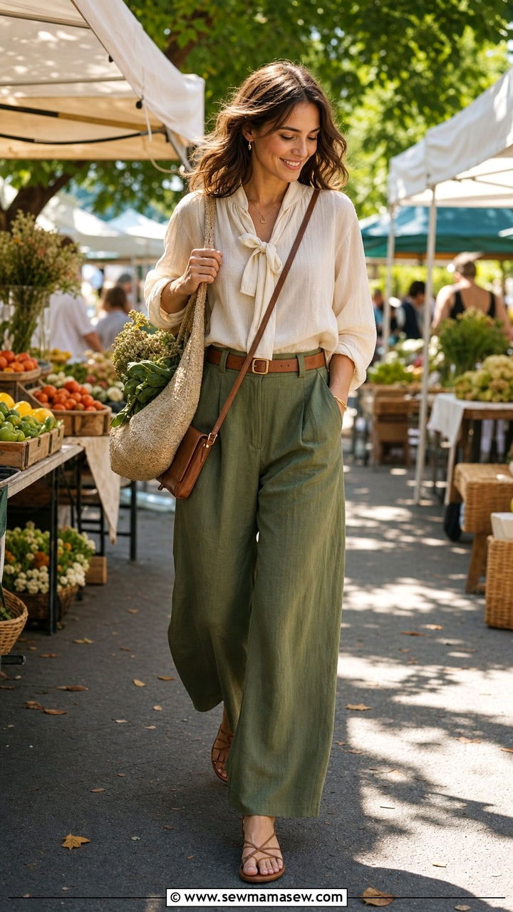 Olive Linen Pants With Cream Blouse - 25 classy linen pants outfits