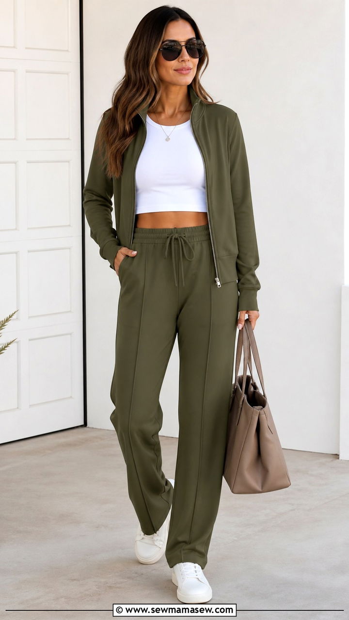Olive Loungewear Set With Crop Top - 40 Road trip outfit ideas